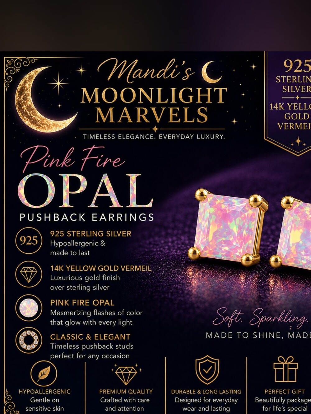 Pink Fire Opal Stud Earrings - 14K Yellow Gold Vermeil